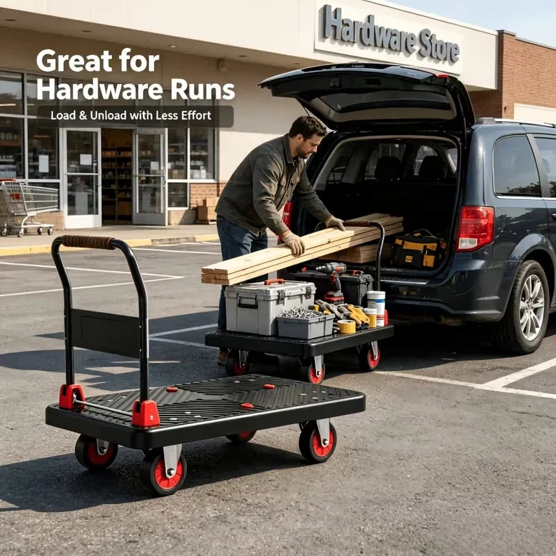 Collapsible Flat Platform Hand Dolly Cart, Heavy‑Duty 4‑Wheels Portable Moving Trolley, Foldable Utility Cart for Household Shopping and Cargo Transport