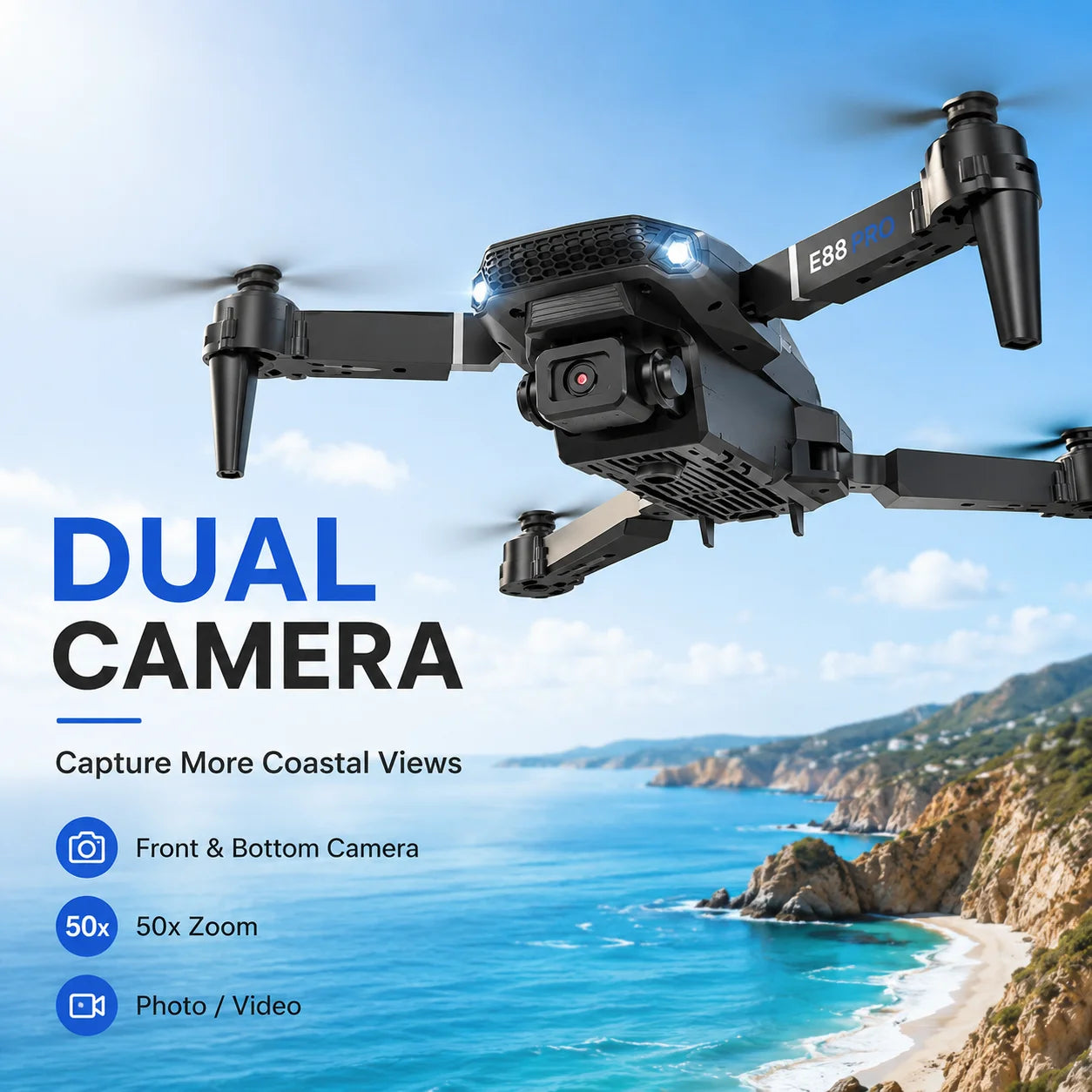 ZNLYRION RC Drone 4K Dual Camera FPV Drone E88 Pro 15Mins Flight Time Foldable Quadcopter with Altitude Hold Headless Mode One-Key Takeoff/Landing