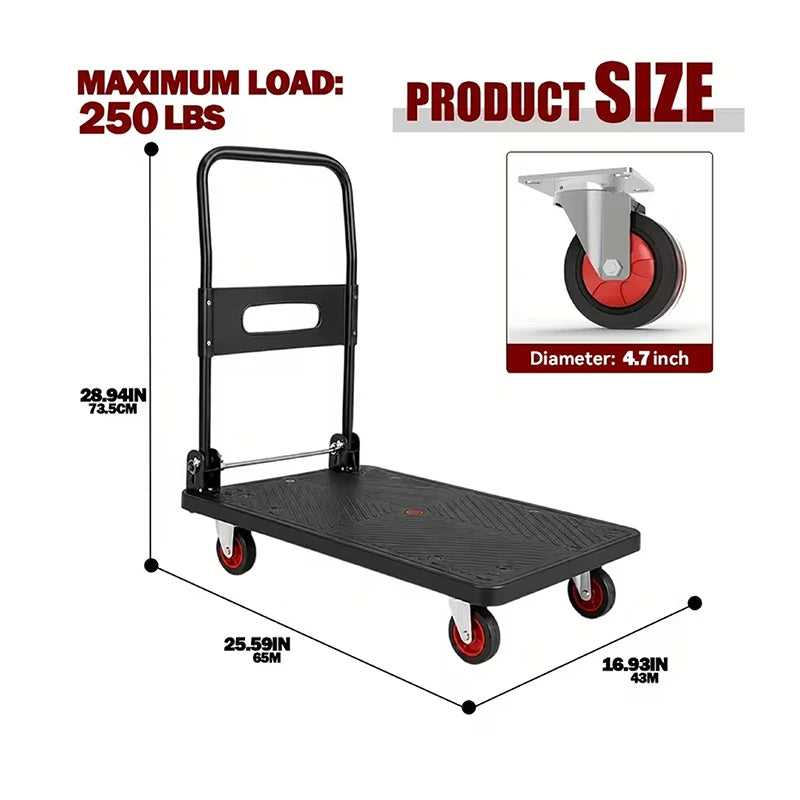 Collapsible Flat Platform Hand Dolly Cart, Heavy‑Duty 4‑Wheels Portable Moving Trolley, Foldable Utility Cart for Household Shopping and Cargo Transport