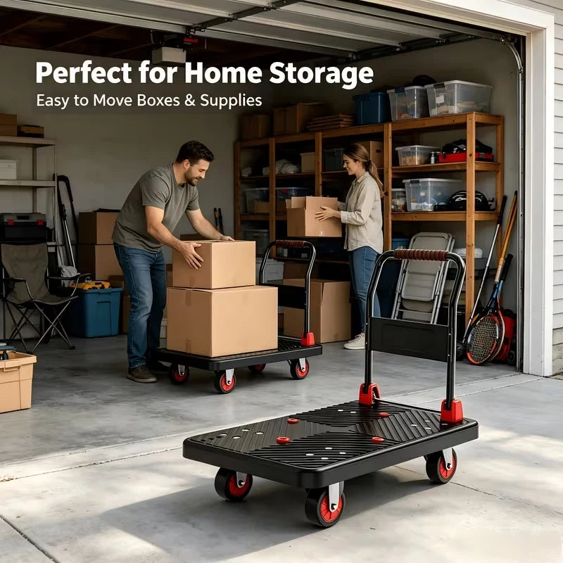 Collapsible Flat Platform Hand Dolly Cart, Heavy‑Duty 4‑Wheels Portable Moving Trolley, Foldable Utility Cart for Household Shopping and Cargo Transport