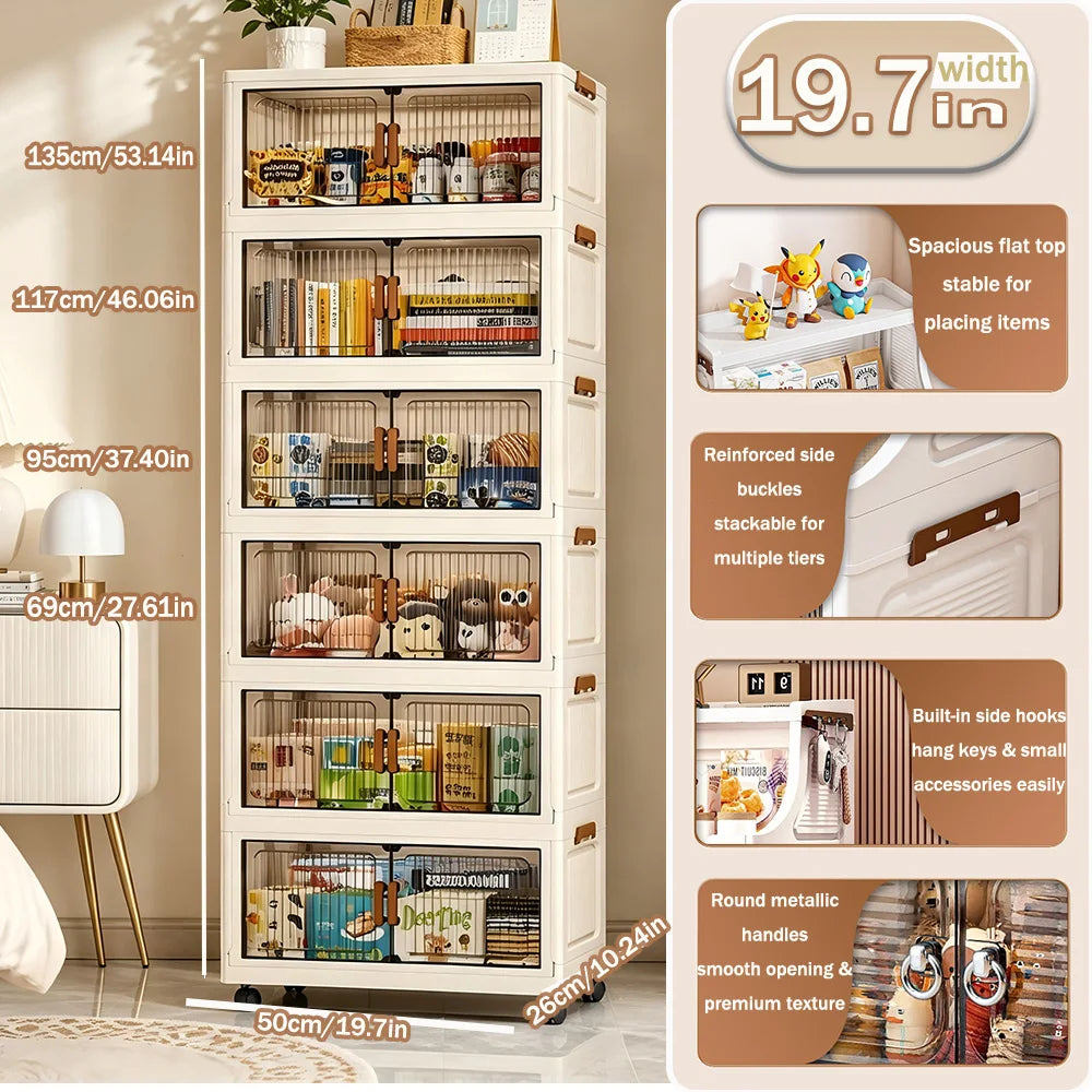 19.7in 3/4/5/6-Tier Foldable Storage Cabinet with Wheels, Stackable Plastic Storage Organizer with Magnetic Doors, Collapsible Storage Shelf for Bedroom, Living Room, Kitchen, Pantry, No Assembly Required, Beige