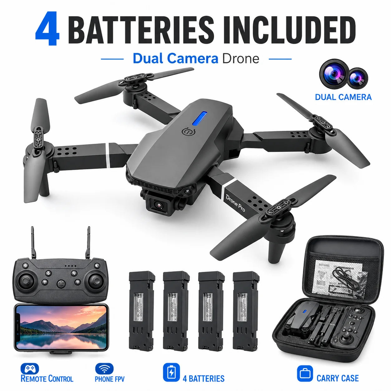 ZNLYRION RC Drone 4K Dual Camera FPV Drone E88 Pro 15Mins Flight Time Foldable Quadcopter with Altitude Hold Headless Mode One-Key Takeoff/Landing