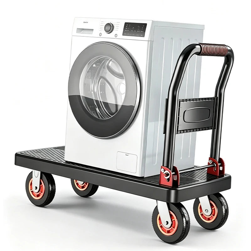 Collapsible Flat Platform Hand Dolly Cart, Heavy‑Duty 4‑Wheels Portable Moving Trolley, Foldable Utility Cart for Household Shopping and Cargo Transport