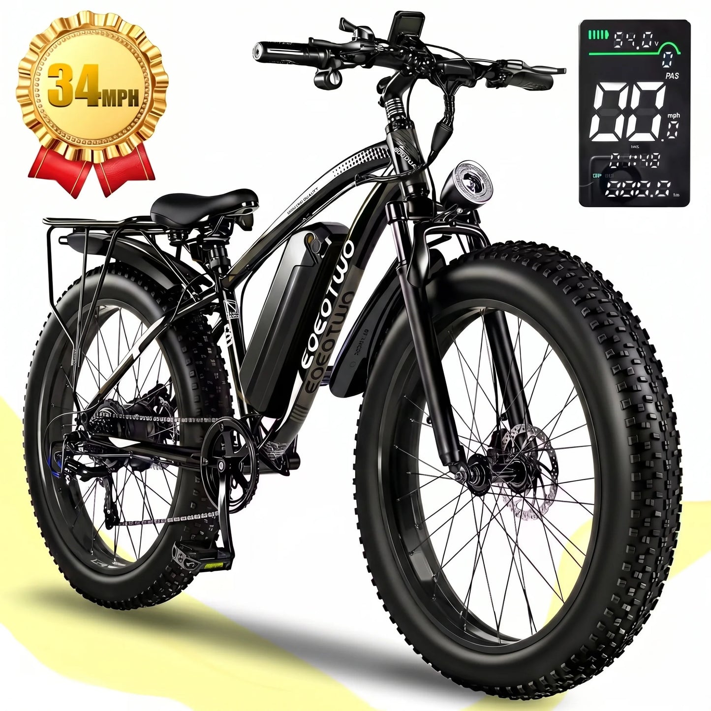 EOEOTWO 26" Fat Tire Electric Bike for Adults, 1000W Motor 1500W Peak, 48V 15Ah Battery, 34 MPH Max Speed, Up to 60 Miles Long Range