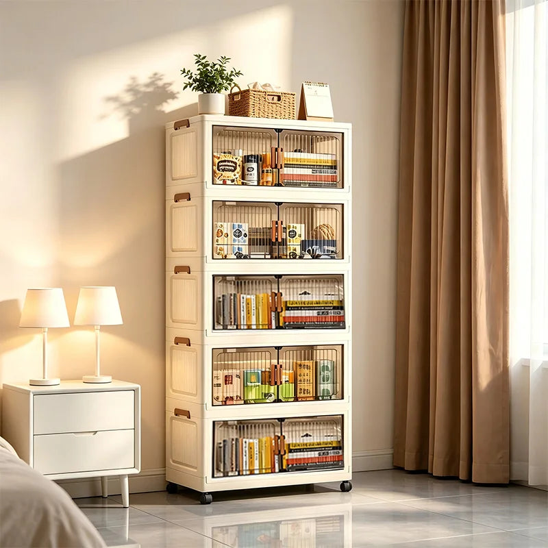 19.7in 3/4/5/6-Tier Foldable Storage Cabinet with Wheels, Stackable Plastic Storage Organizer with Magnetic Doors, Collapsible Storage Shelf for Bedroom, Living Room, Kitchen, Pantry, No Assembly Required, Beige