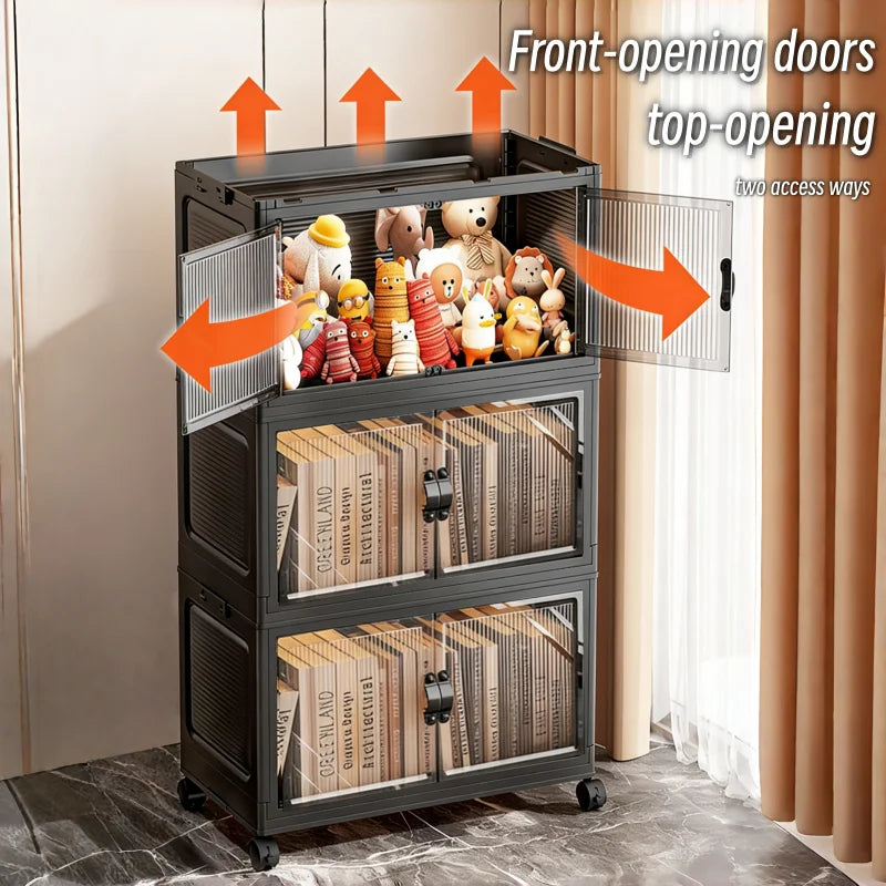 3/4/5/6-tier foldable storage cabinet with clear double doors, foldable and stackable plastic storage boxes with wheels, large-capacity rolling organizer, perfect for pantry, bedroom, bathroom, or coffee bar, black