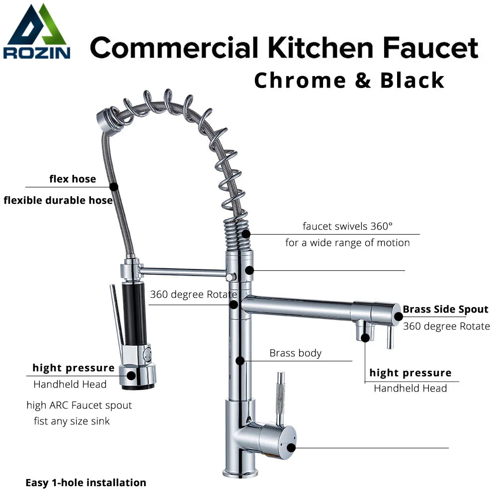 Rozin Black Kitchen Faucet Spring 360° Pull Down Sprayer Hot Cold Water Mixer Tap Deck Mounted Dual Spout Nozzle Faucets Crane