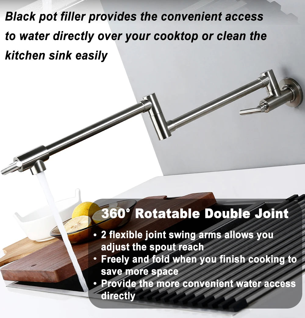 Black Brushed Chrome Brass Wall Mounted Pot Filler Faucet Swivel Folding Retractable Rotary Stretch Sink Tap Kitchen Faucet