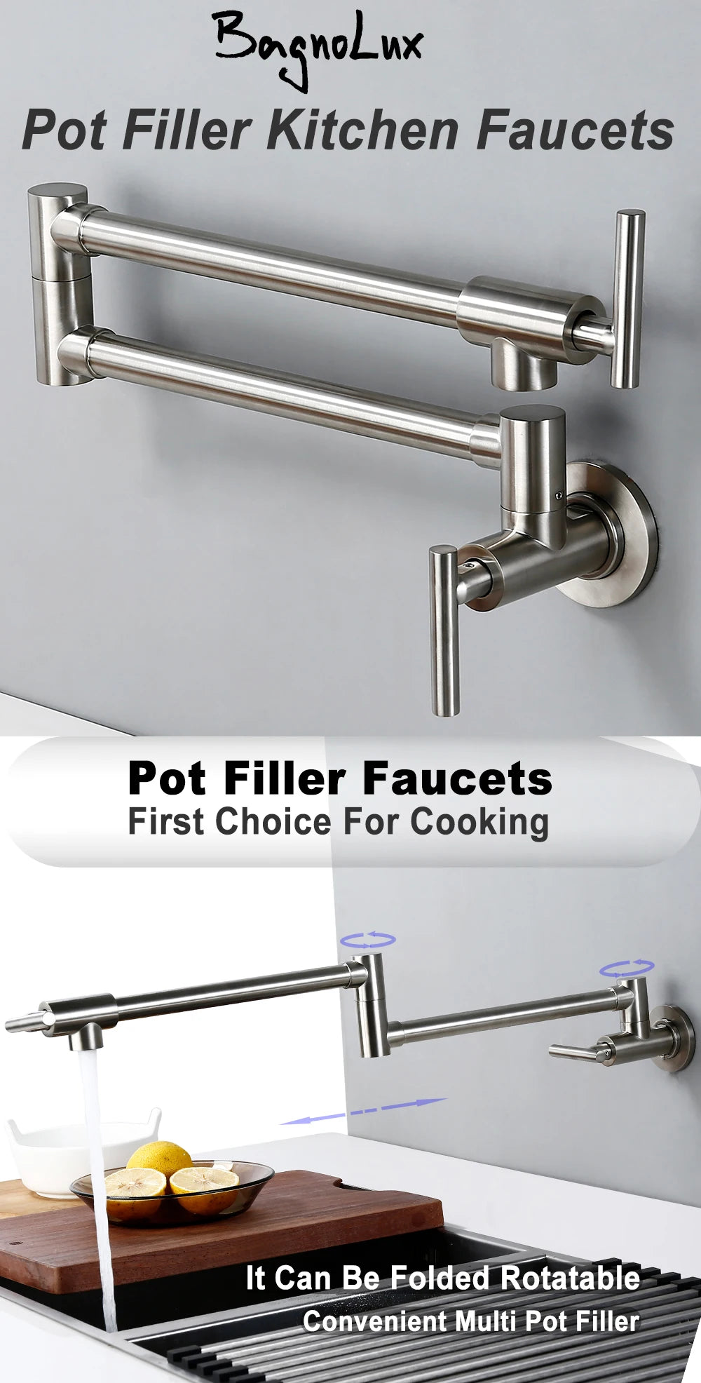 Black Brushed Chrome Brass Wall Mounted Pot Filler Faucet Swivel Folding Retractable Rotary Stretch Sink Tap Kitchen Faucet