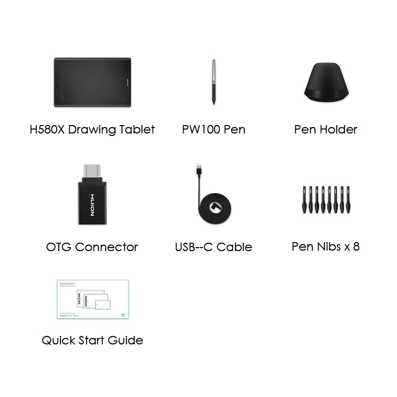 HUION H580X INSPIROY Graphics Tablets Drawing Digital Tablets 8 x 5inches Art Digital Tablet for Drawing Battery-Free PW100 Pen