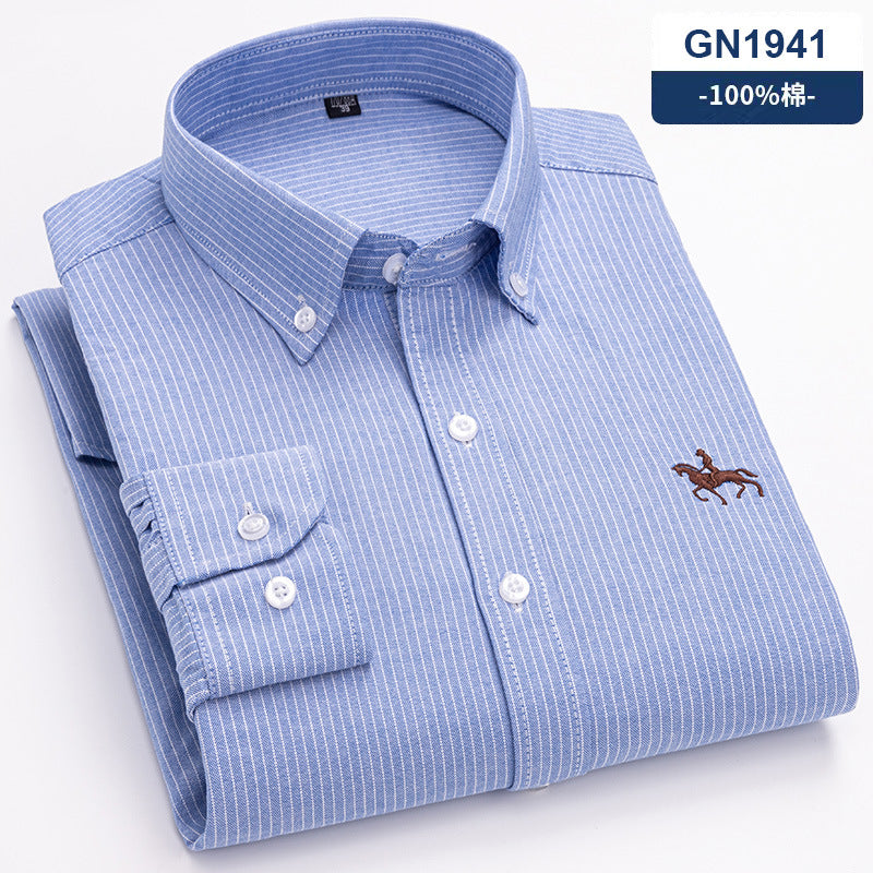 New 100% Cotton Men's Shirt Oxford Casual Shirt Men's Long-Sleeved Embroidered Spot Distribution Drop Shipping