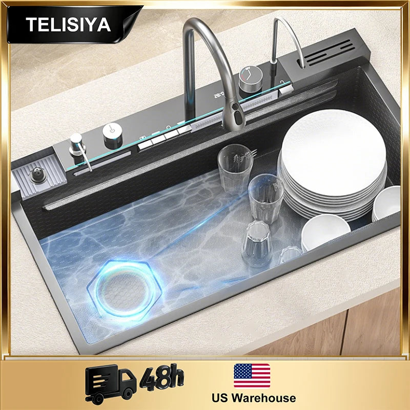 Stainless Steel Kitchen Sink Multifunctional Digital Display Waterfall Large Single Slot Ships from the U.S.