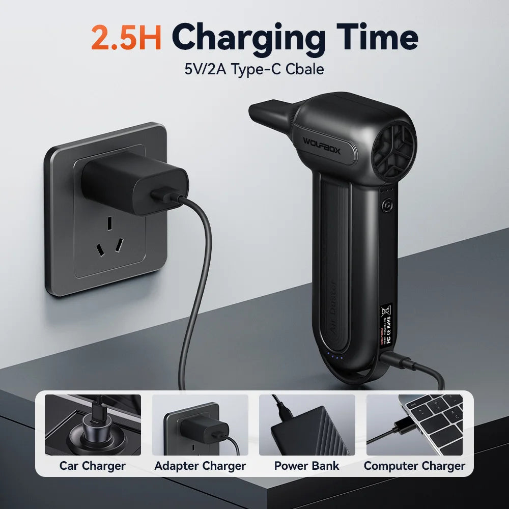 WOLFBOX DF100(MF100-BLACK) Portable Fan Blower Powerful Wireless Air Blower Air Duster Speed Adjustable for Car/PC/Home/Outdoor