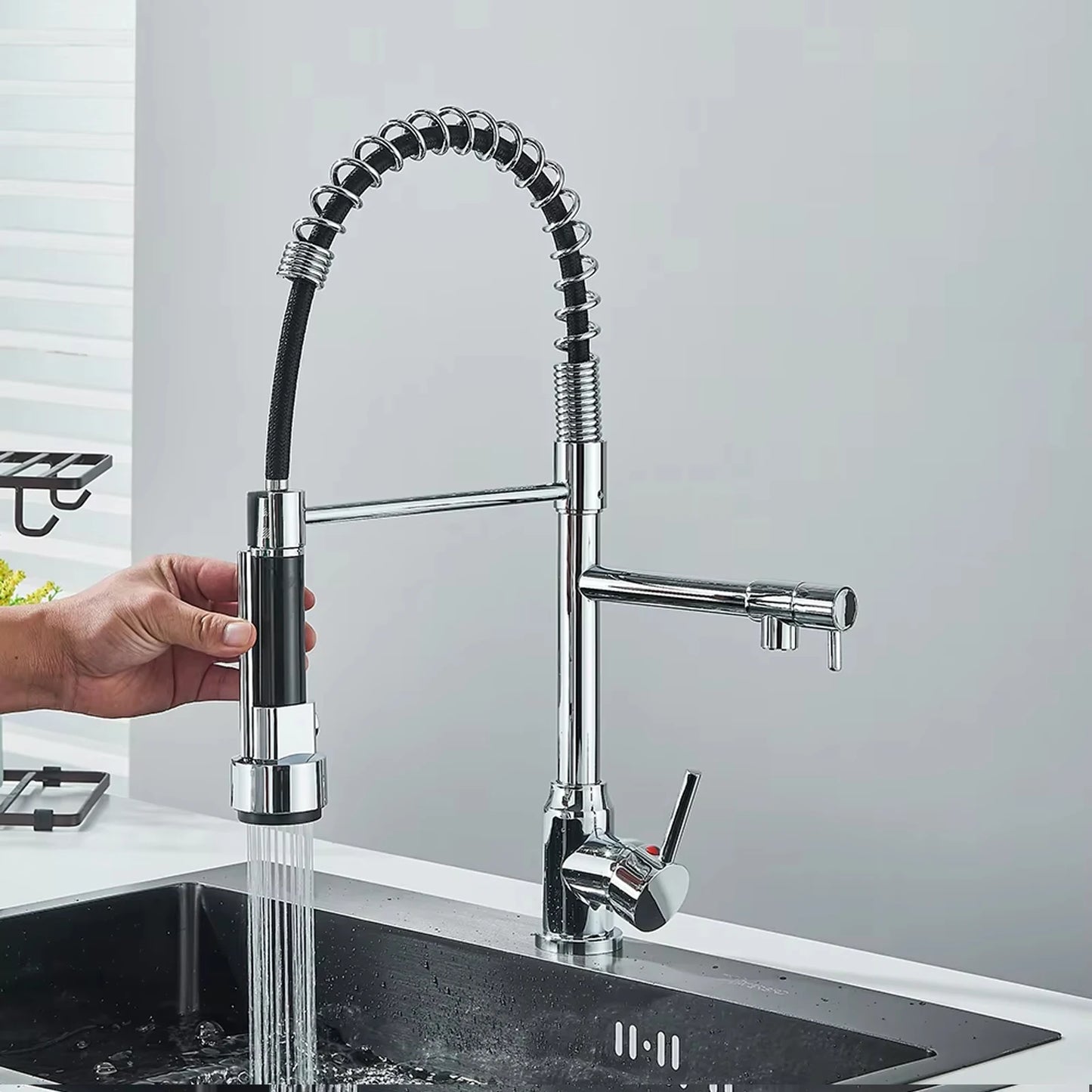 Black Spring Pull Down Stainless Steel Kitchen Sink Faucet Hot Cold Water Mixer Crane Tap with Dual Spout 360° Rotation Faucet