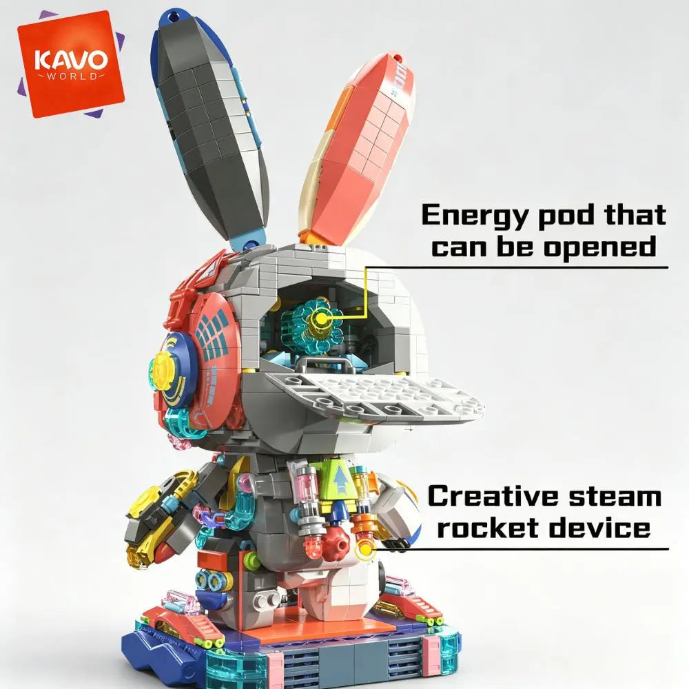 KAVOWORLD 1377pcs Mecha Technical Rabbit Building Blocks Set Cyber Bunny Model Kit Mechanical Animal Building Bricks Robot Bunny Figure Cyborg Toy Tech Bunny LED Light Up Glow in Dark Collectible Display Posable Joints DIY As