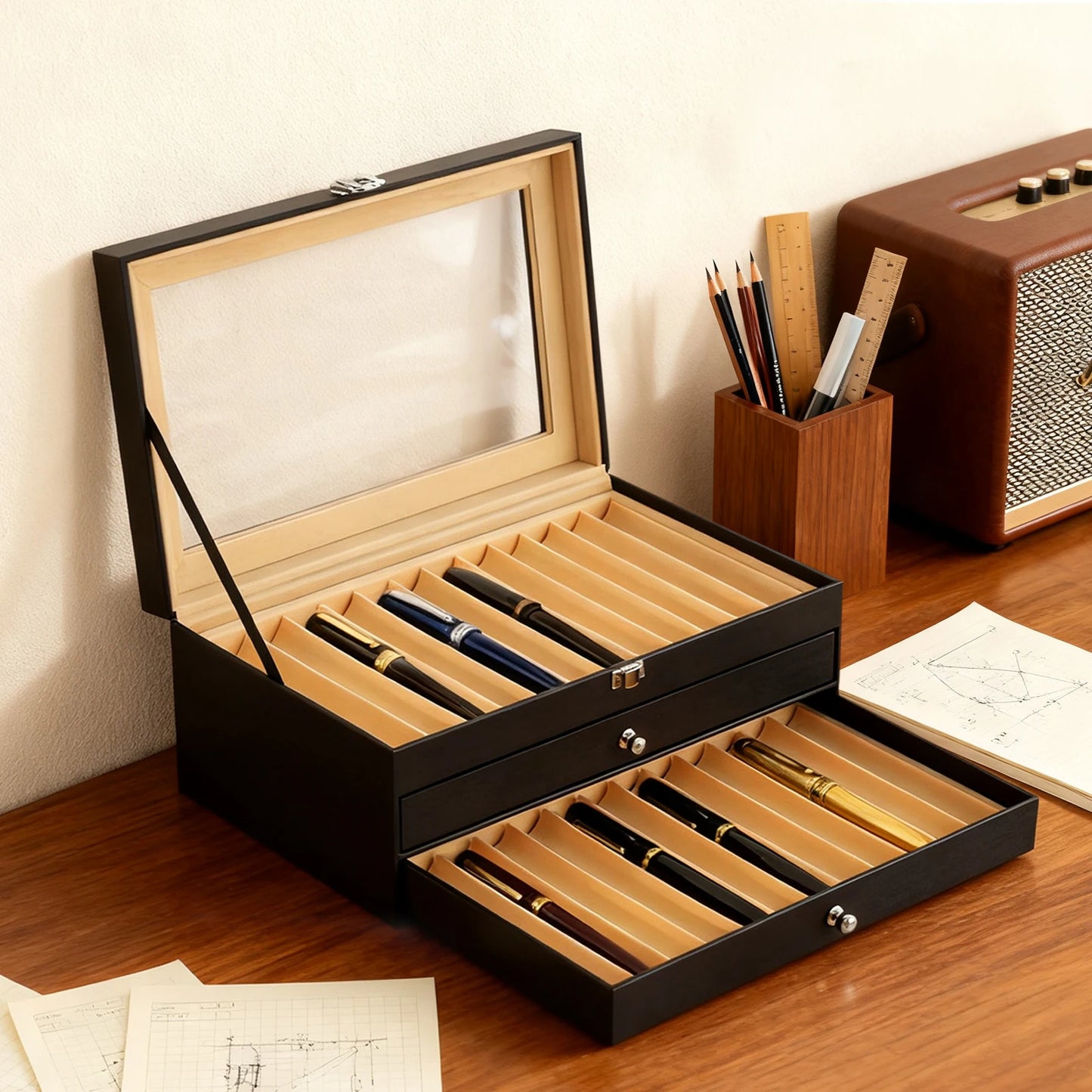 3-Tier Pen Display Box Desktop Pens Organizer 36-Slots Pen Case Soft PU Surface Black with Drawers