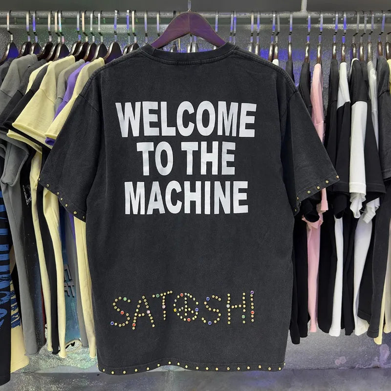 Free shipping New Satoshi Nakamoto fashion T-shirt hotfix rhinestone and Printed with Washed Oversized 100% cotton Men Women T-shirts Y2K Fashion streetwear
