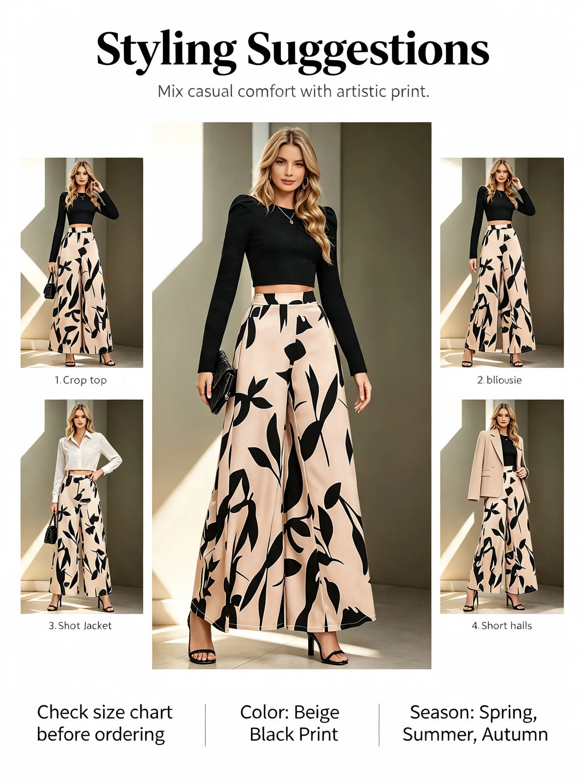 Women's High Waist Floral Print Wide-Leg Pants Loose Casual Long Pants Elegant Office Streetwear