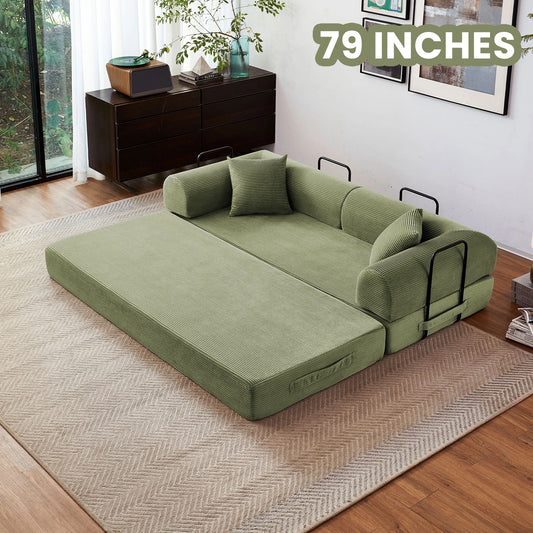 79'' Boneless Couch Foldable Convertible Futon Sleeper Sofa Bed Floor Lounge with L-Shaped Armrests for Living Room Sofas