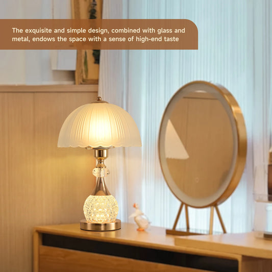 Luxury Gold Crystal Table Lamp, LED Luminous Cracked Glass Lamp Body with Clear Crystal Ball, Pleated Scalloped Frosted Glass Lampshade, 3 Color Temperature Dimmable Bedside Nightstand Lamp, Elegant Decor Desk Lamp for Bedroo