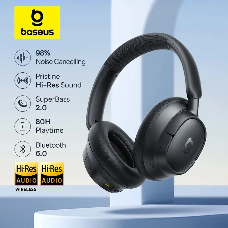 Baseus ANC Wireless Headphones 98% Adaptive Hybrid Noise Cancelling Headsets Hi-Res LDAC Headphone Bluetooth 6.0