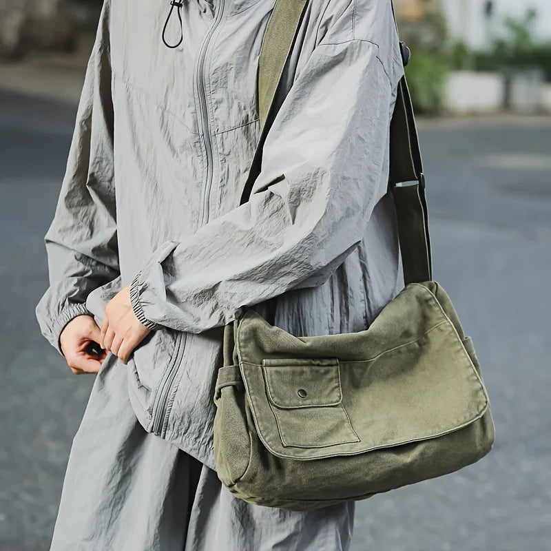 Casual Canvas Messenger Bag Versatile Flip Large Capacity Shoulder Book Bag For Student Adjustable Crossbody Bag For Men Women