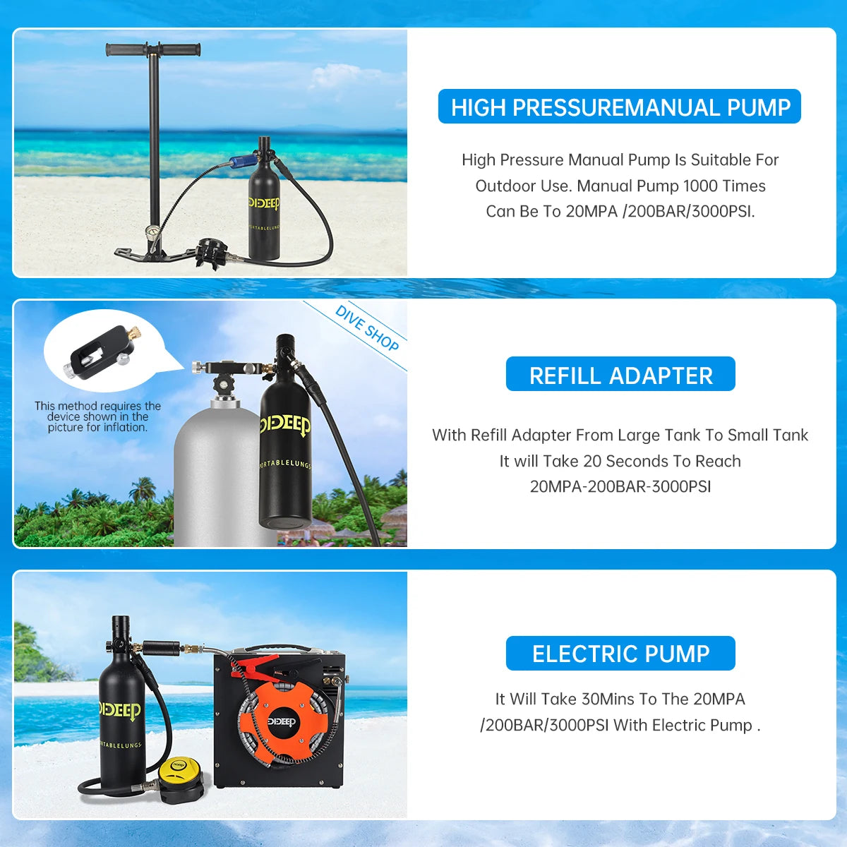 DIDEEP 1Liter Mini Scuba Diving Tank Set, 15-20Mins Underwater Diving Cylinder, Easy to Use, Portable Lungs Bottle with 3000 PSI,Summer Diving for Cooling off ,Suitable for Outdoor Activities and Travel,Summer Diving for Cool