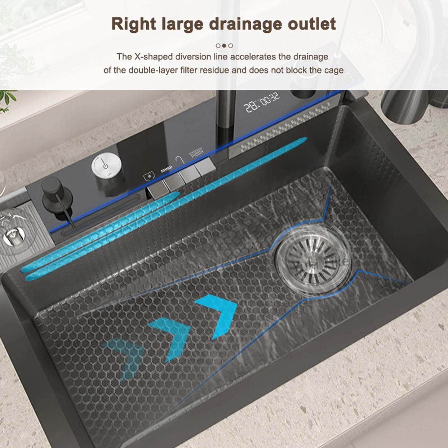 Stainless Steel Kitchen Sink Multifunctional Digital Display Waterfall Large Single Slot Ships from the U.S.