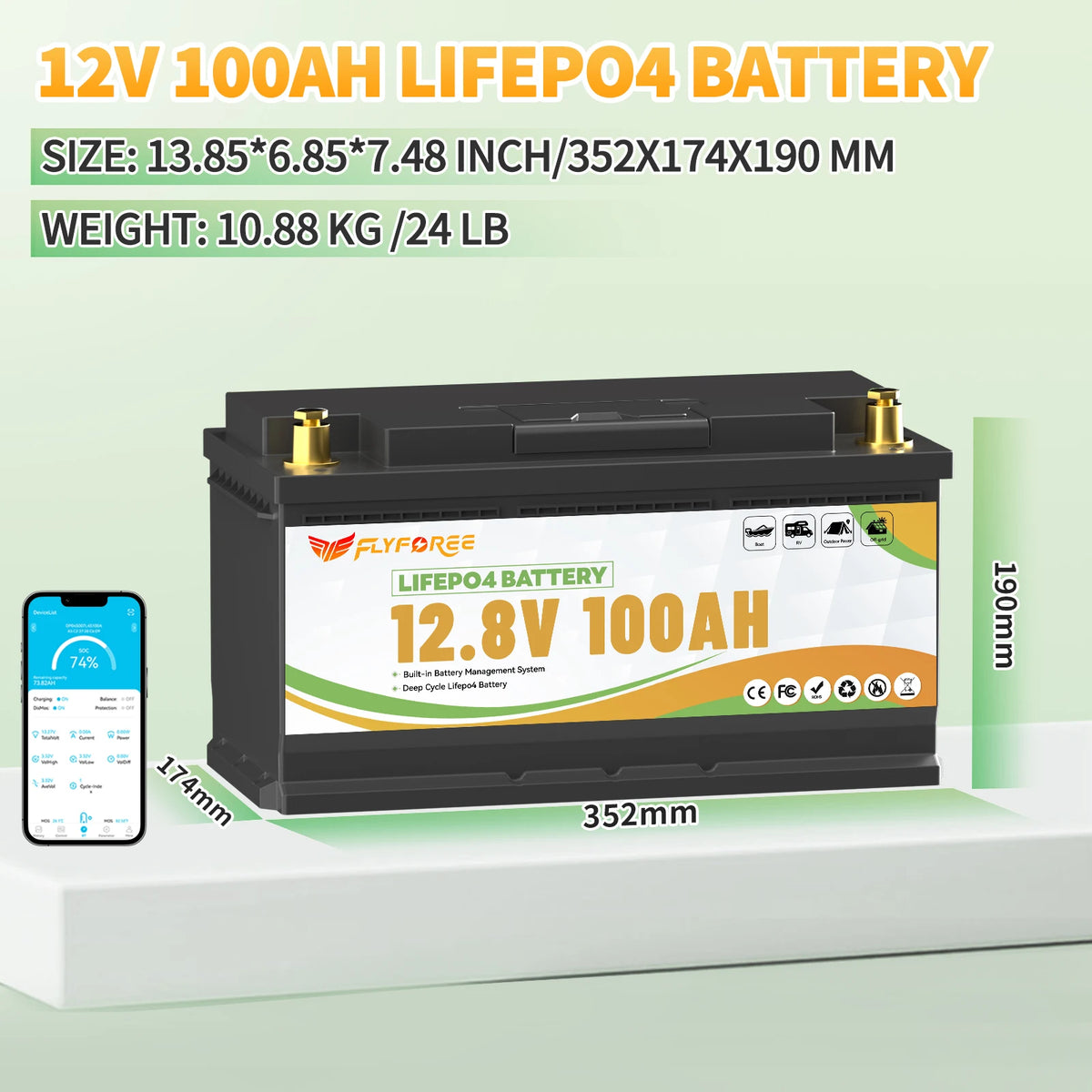 FLLYROWTH 12V 100Ah LiFePo4 Lithium Battery Pack With Bluetooth 100A BMS For RV Boat Motor Inverter Solar Wind Off-Road Off-grid LiFePO4 Batter