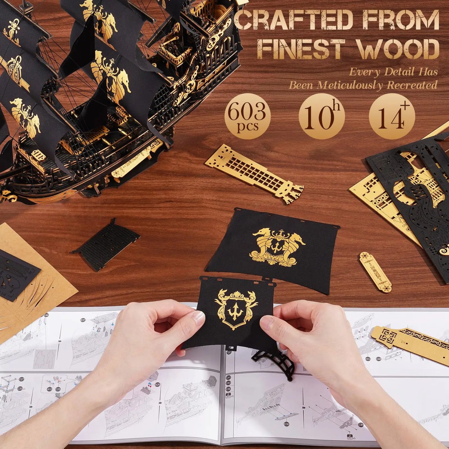 ROBOTIME 3D Wooden Puzzle  Wooden Ship Model Kits for Teens&Adults to Build Home Desk Decoration Gifts (The Seahorse Barque)
