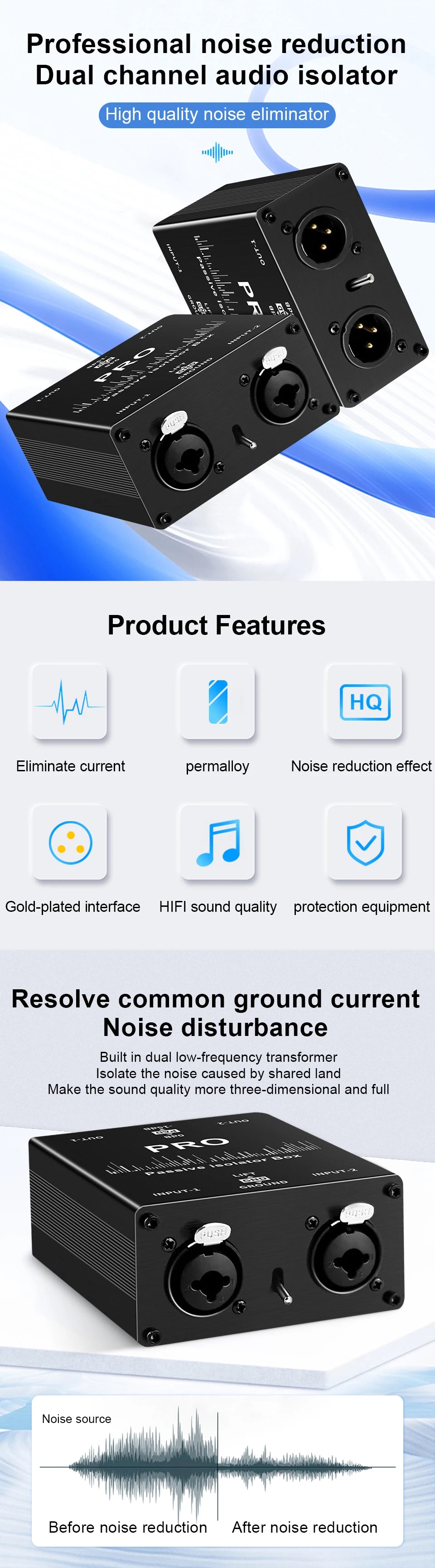 Audio Isolator Noise Reduction DI Ground Box 6.35 to Cannon Stereo Agricultural Electric Guitar Sound Card Show Noise Eliminatio