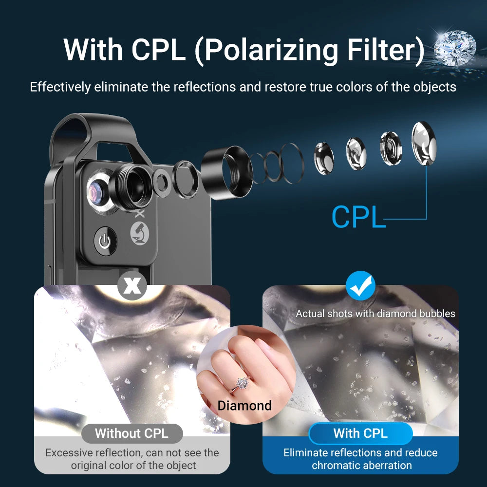 APEXEL 200X Microscope Lens HD Macro Lenses Jewelry Lens with LED Light Pocket Mobile Lenses for iPhone Xiaomi All Smartphones