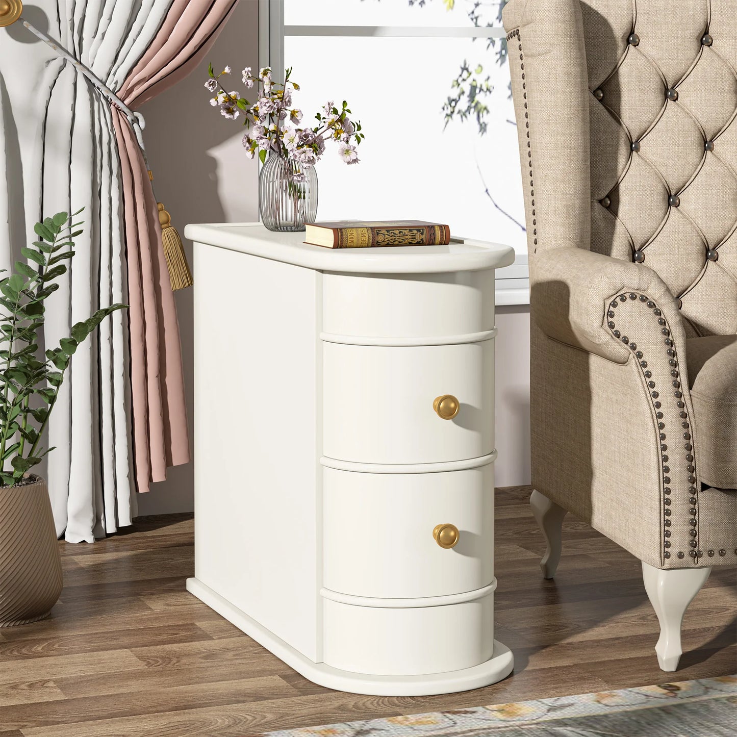 Tribesigns End Table Round Solid Wood Sofa Bedside Narrow Bedroom Side Table Nightstand with Drawer
