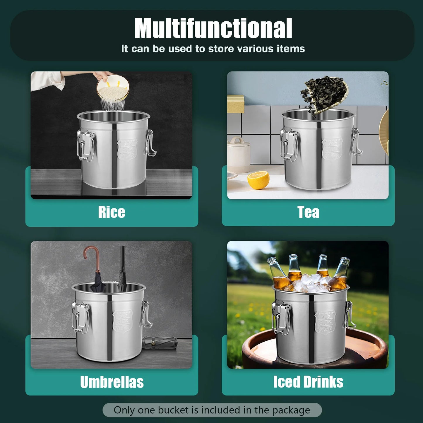 Bymaocar 12L 304 Stainless Steel Cereal Container Metal Kitchen Rice Oil Storage Bucket Airtight Durable, Corrosion Resistant