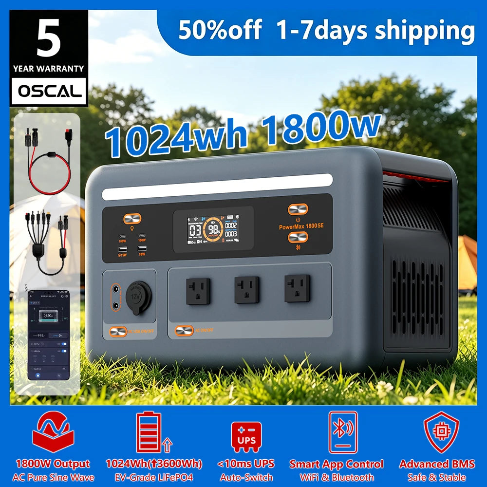 OSCAL 1024Wh LiFePO4 Portable Power Station 1800W Continuous 3600W Surge 1H Fast Charge UPS Solar Generator APP Control for Home Hurricane Camping RV（OSCAL PowerMax 1800）