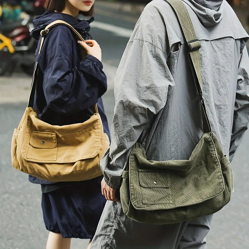 Casual Canvas Messenger Bag Versatile Flip Large Capacity Shoulder Book Bag For Student Adjustable Crossbody Bag For Men Women
