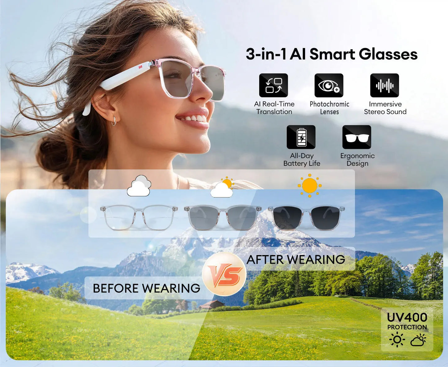 Smart AI translation audio glasses, real-time app translation in over 160 languages, light-sensitive color-changing lenses