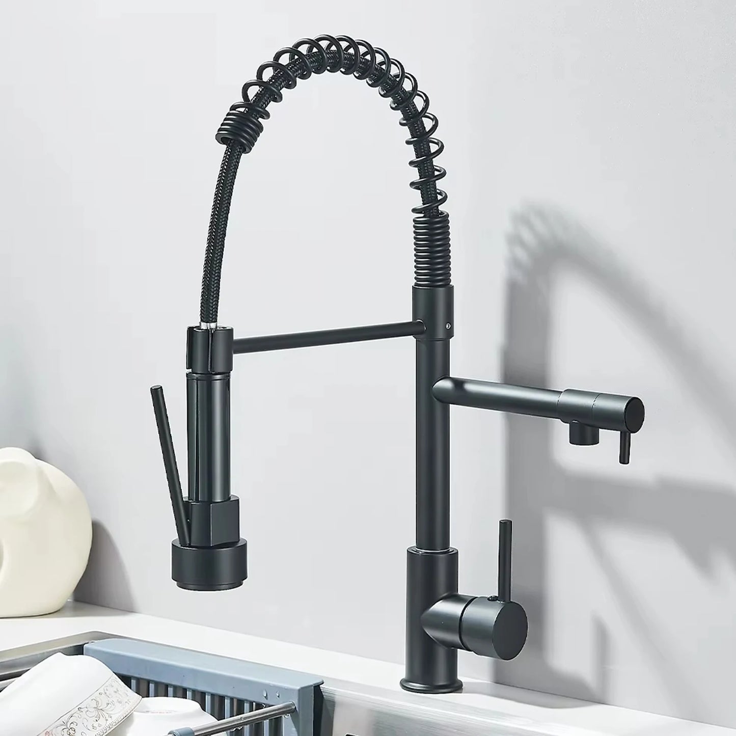 Black Spring Pull Down Stainless Steel Kitchen Sink Faucet Hot Cold Water Mixer Crane Tap with Dual Spout 360° Rotation Faucet