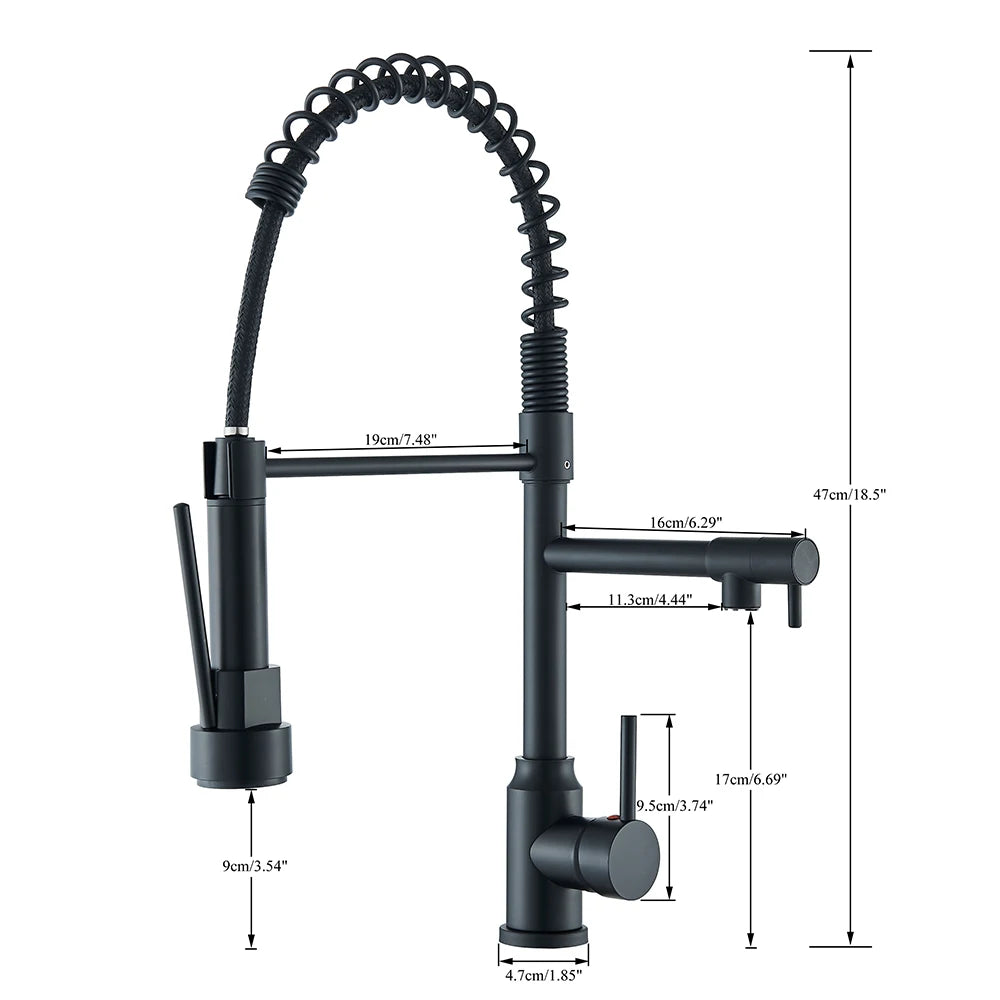 Black Spring Pull Down Stainless Steel Kitchen Sink Faucet Hot Cold Water Mixer Crane Tap with Dual Spout 360° Rotation Faucet