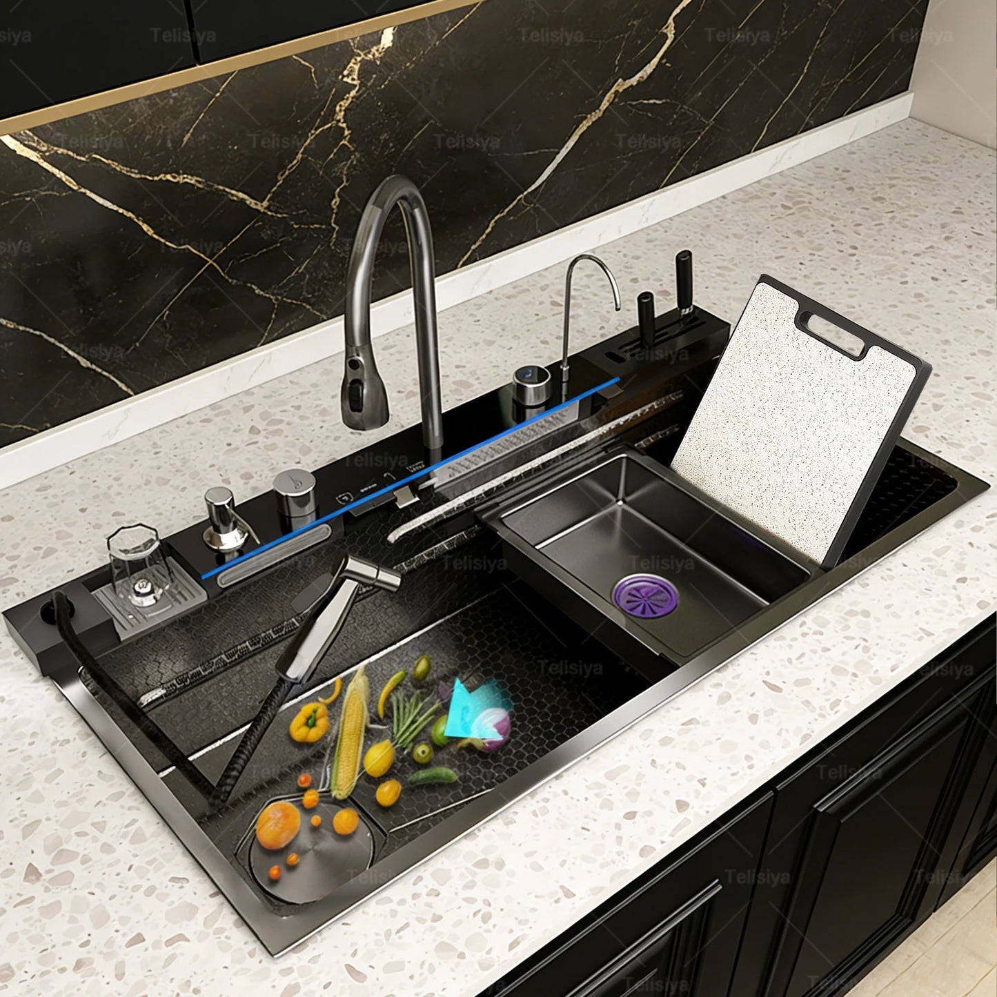 Stainless Steel Kitchen Sink Multifunctional Digital Display Waterfall Large Single Slot Ships from the U.S.
