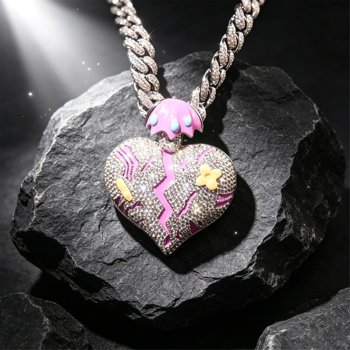18K Gold Plated Broken Heart Charm Hip Hop Cuban Chain Necklace Iced Out Broken Heart Umbrella Tears Pendant Full Paved CZ For Rapper Street Style Club Party Daily Wear Emotional Statement Accessory Trendy Gift Y2K Sad Healin