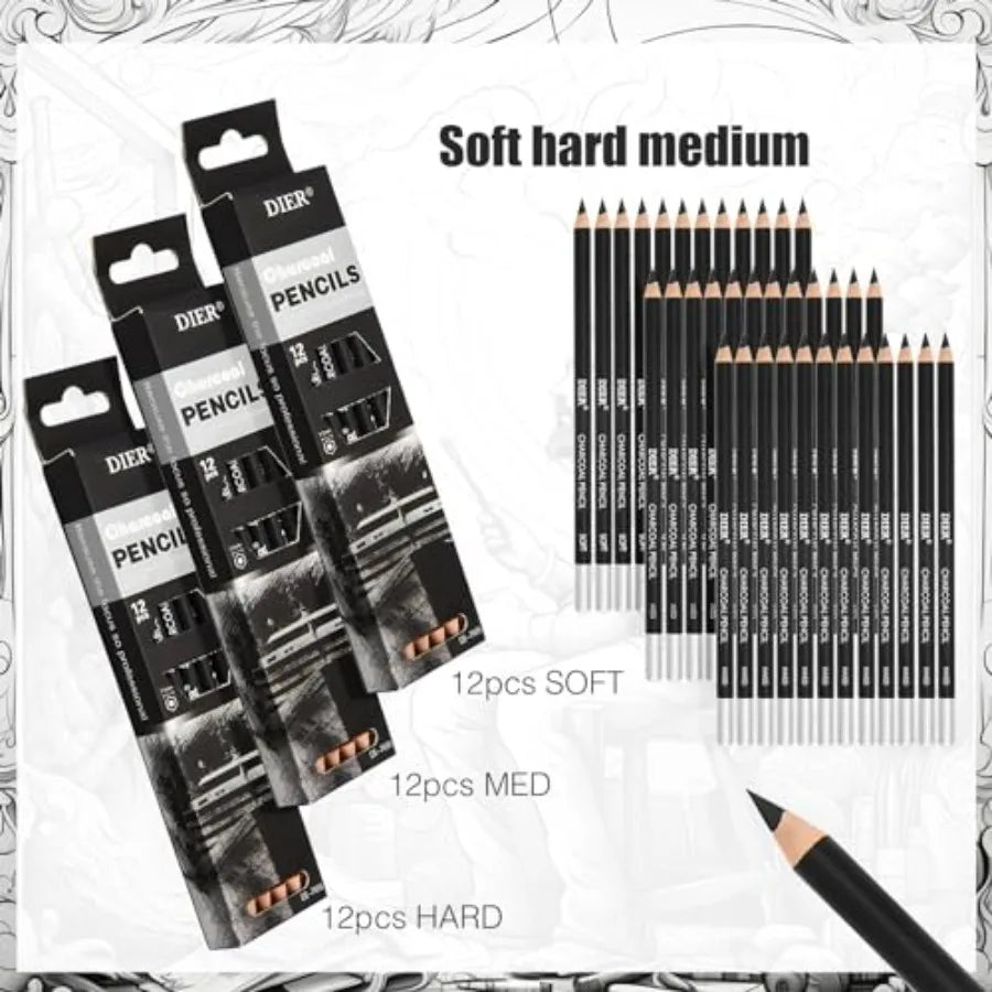 36 Pcs Professional Charcoal Pencils Bulk Classroom Set Soft, Medium and Hard for Drawing Charcoal Pencils for Sketching Shadin