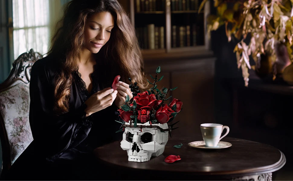 SupreOwls Skull Flowers Building Blocks Set Gothic Roses Bouquet Toy Skeleton Planter Pot Floral Decor Collection Gift for Adult