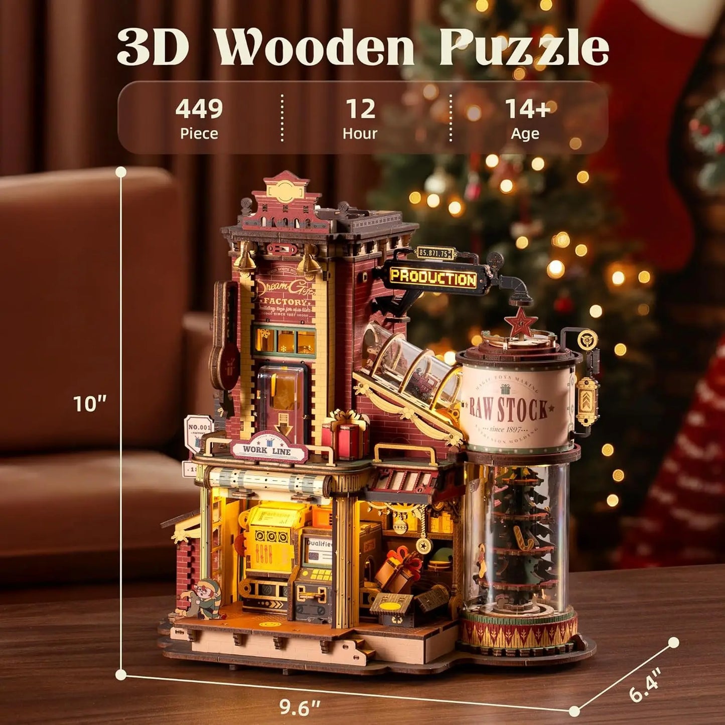ROKR Dream Gift Factory Wooden 3D Puzzle DIY Mini Dollhouse Model Building Kit with Music & LED Lights 449 Pieces Assembly Toys for Adults Teens