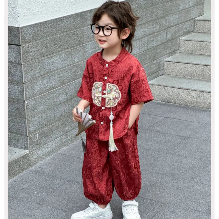 Fashion Baby Tang Costume Tops Pants Two-piece Set Boy Outfit Casual Children's Sets Summer Tweens Boys Hanfu Suit Kids Clothing