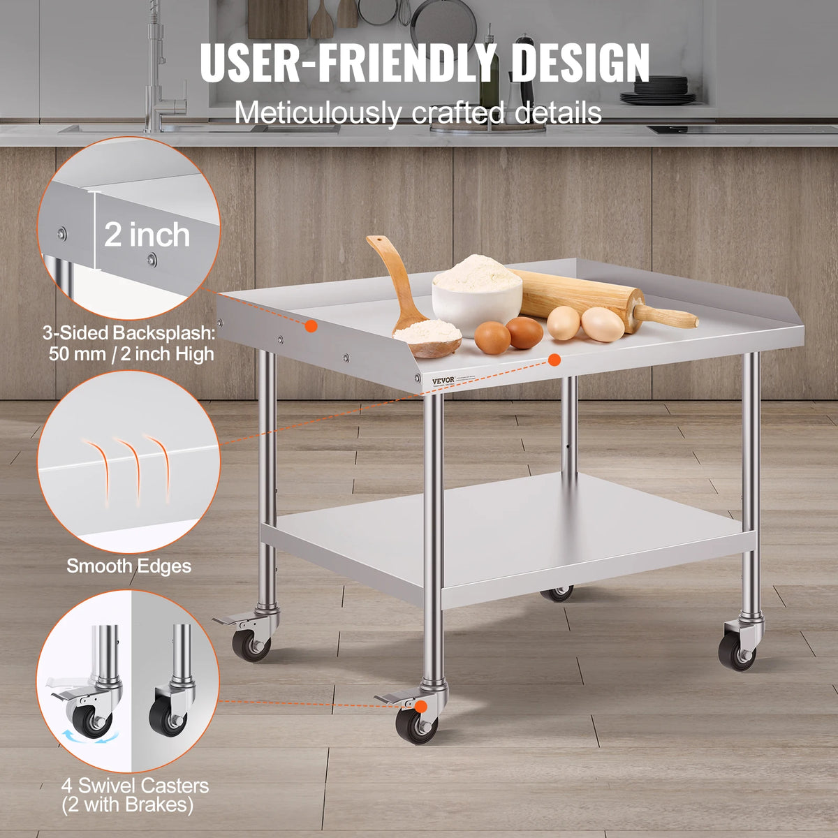 SucceBuy Stainless Steel Work Table Commercial Food Prep Worktable with 4 Wheels Heavy Duty Prep Worktable for Restaurant Home