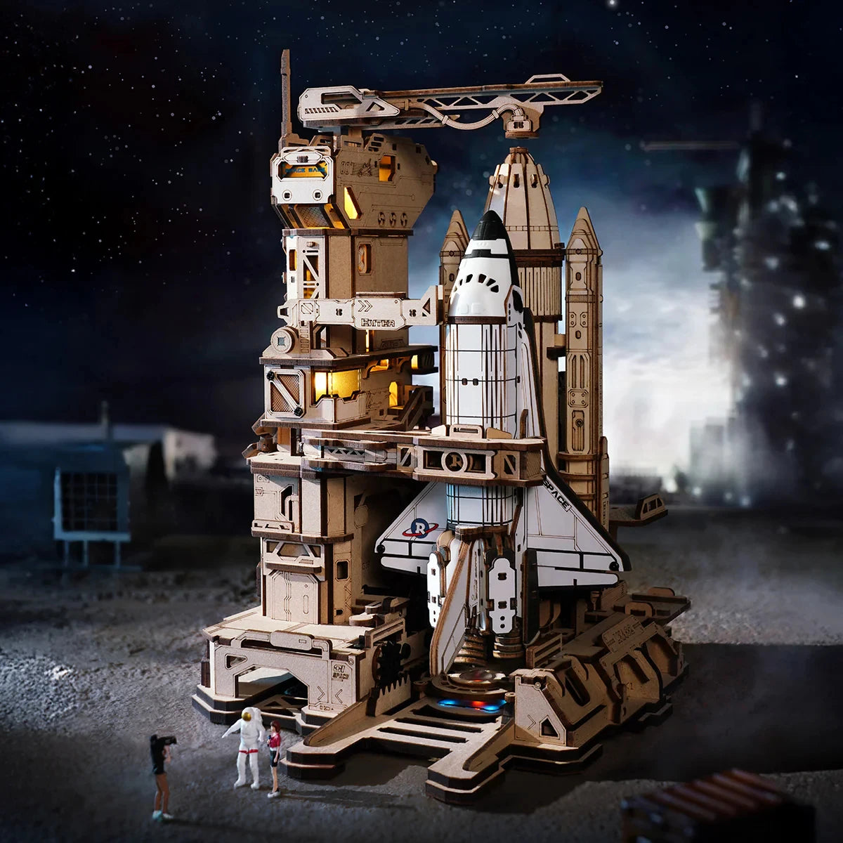 Robotime Space Shuttle 3D Wooden Puzzle Moving Rocket Launch Tower with Lights Mechanical Building STEM Project for Adult Teen