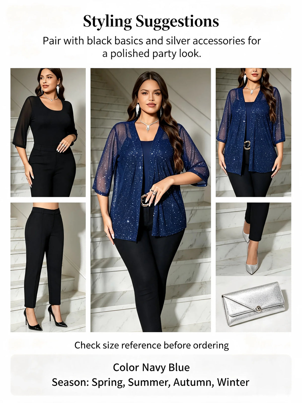 Plus Size Glitter Mesh Kimono Cardigan Women 3/4 Sleeve Open Front Shimmer Sheer Cover‑Up For Evening Party Club Occasion