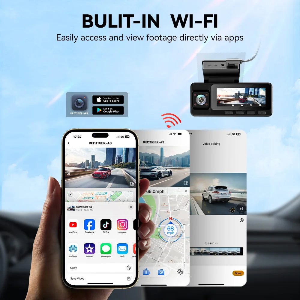 REDTIGER A3  3 Cameras Front/Cabin/Rear Cam Dash Cam Dash Camera Built-in 5.8Ghz WiFi GPS Car DVR Night Vision Parking Monitor