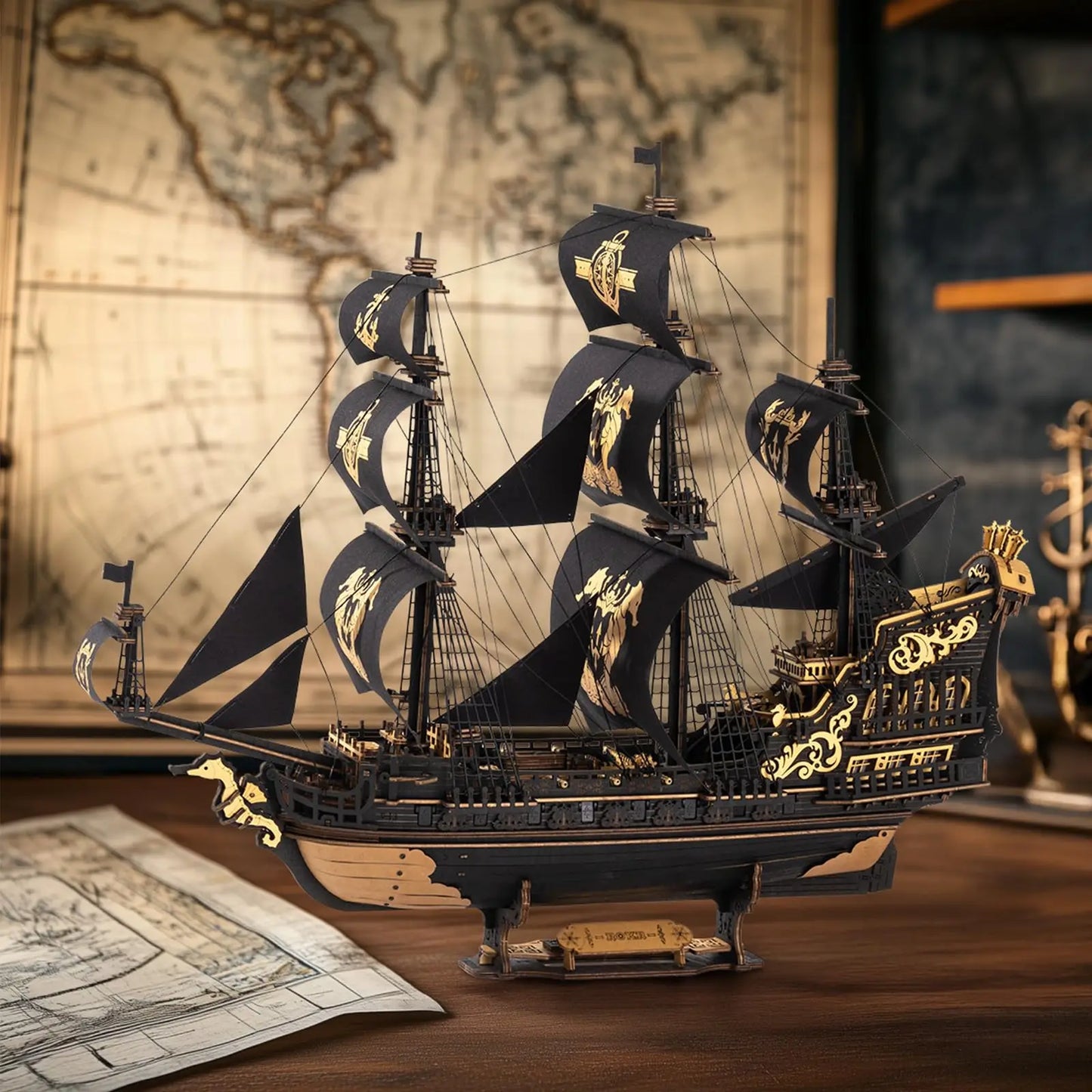 ROBOTIME 3D Wooden Puzzle  Wooden Ship Model Kits for Teens&Adults to Build Home Desk Decoration Gifts (The Seahorse Barque)